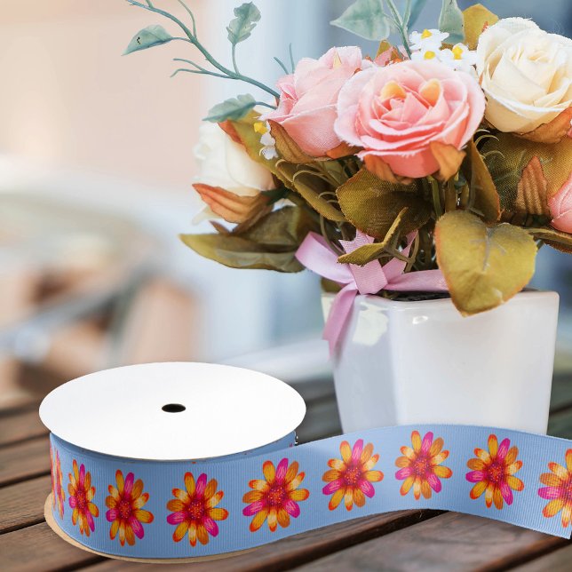Orange Daisy Boho Pattern Hippie Floral Dusty Blue Grosgrain Ribbon (Creator Uploaded)