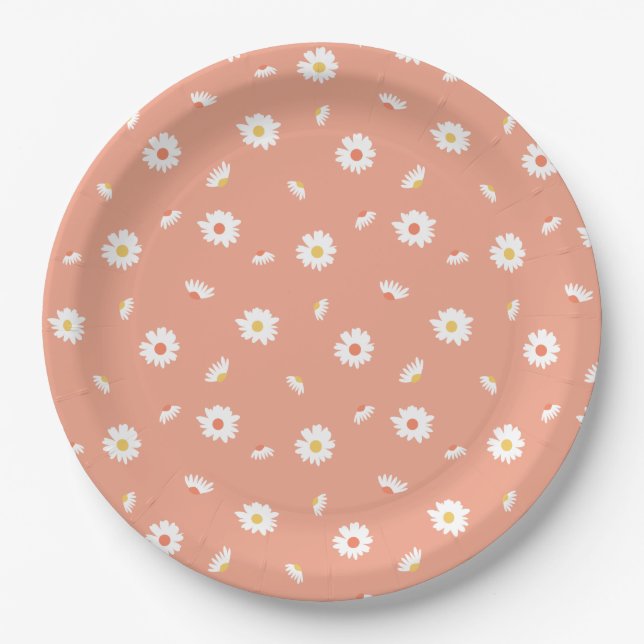 Orange Daisy Flower Pattern Paper Plate (Front)