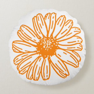 Orange Daisy Flower Print, Vintage Floral Pattern Round Cushion
