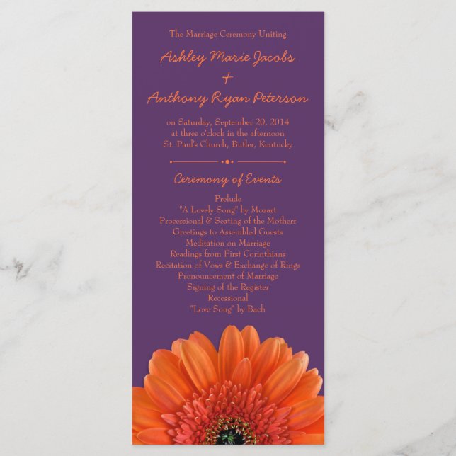 Orange Daisy Flower Purple Wedding Program (Front)