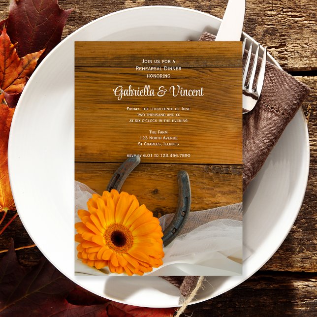 Orange Daisy Horseshoe Western Rehearsal Dinner Invitation (Creator Uploaded)