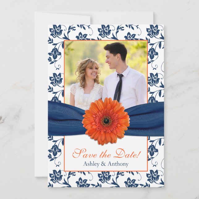 Orange Daisy Navy Damask Photo Save the Date (Front)