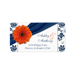Orange Daisy Navy Damask Wedding Return Address Label