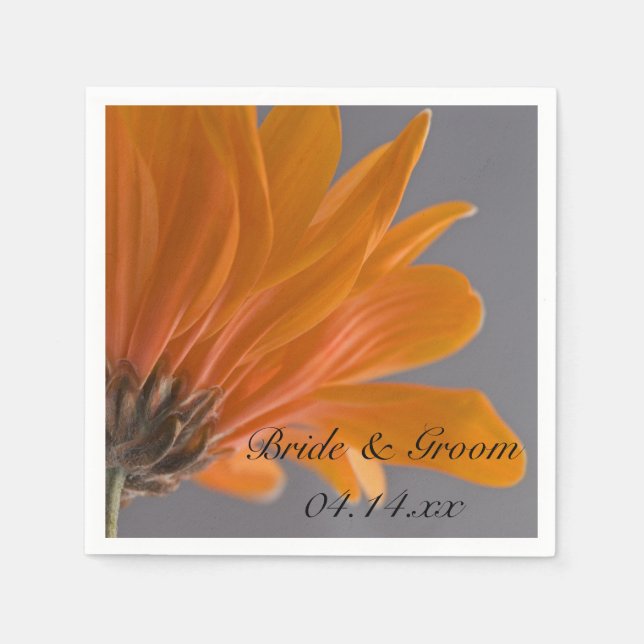Orange Daisy on Grey Wedding Napkin (Front)