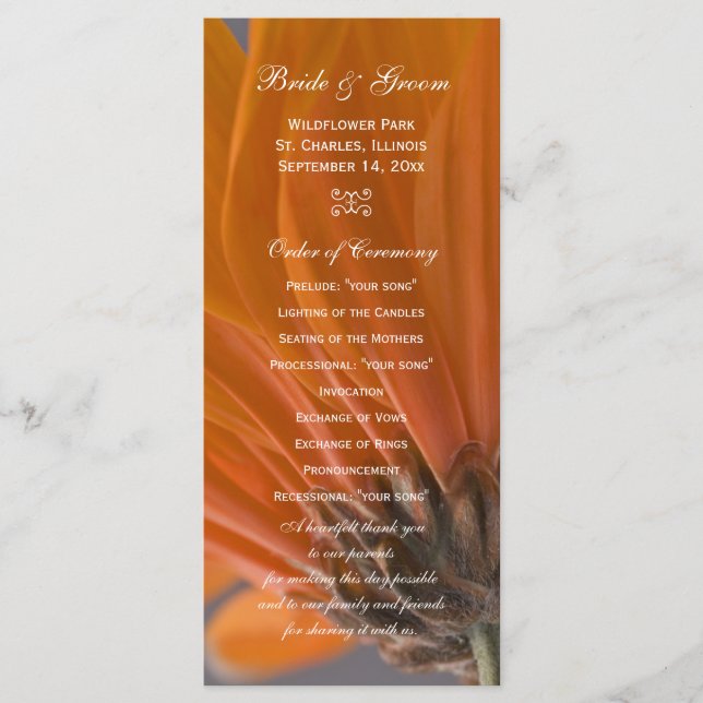Orange Daisy on Grey Wedding Program (Front)