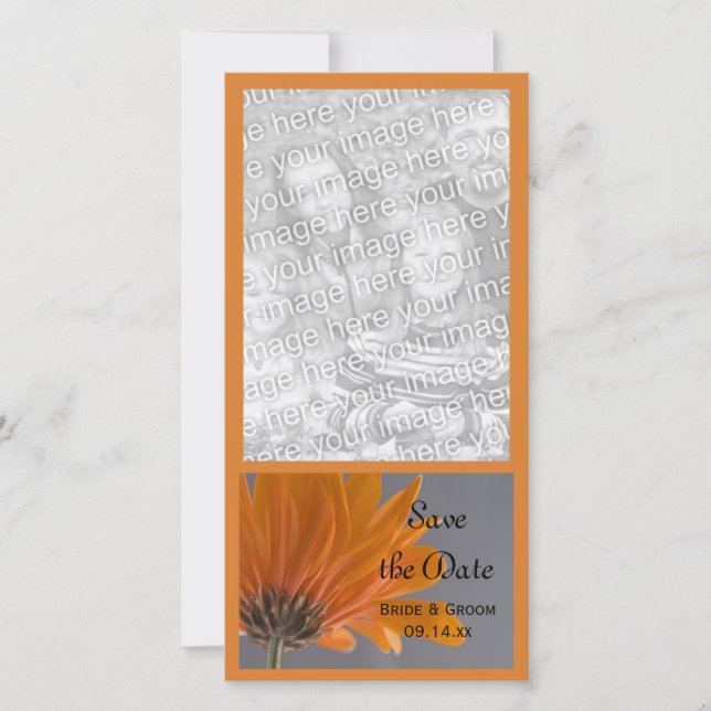 Orange Daisy on Grey Wedding Save the Date (Front)