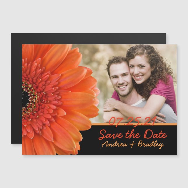 Orange Daisy Photo Wedding Save the Date Magnet (Front/Back)