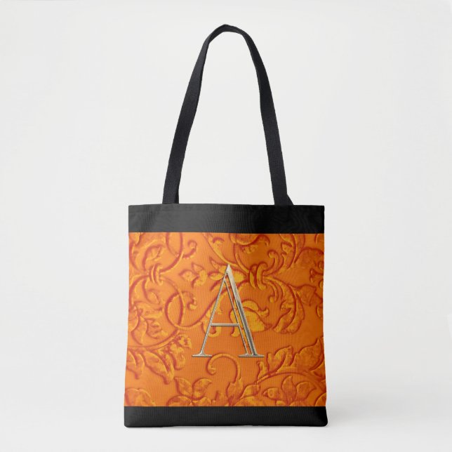 Orange Damask Gold Monogram Initial Tote Bag (Front)