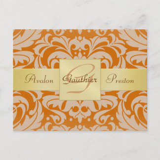 Orange Damask Gold Monogram Save The Date Postcard