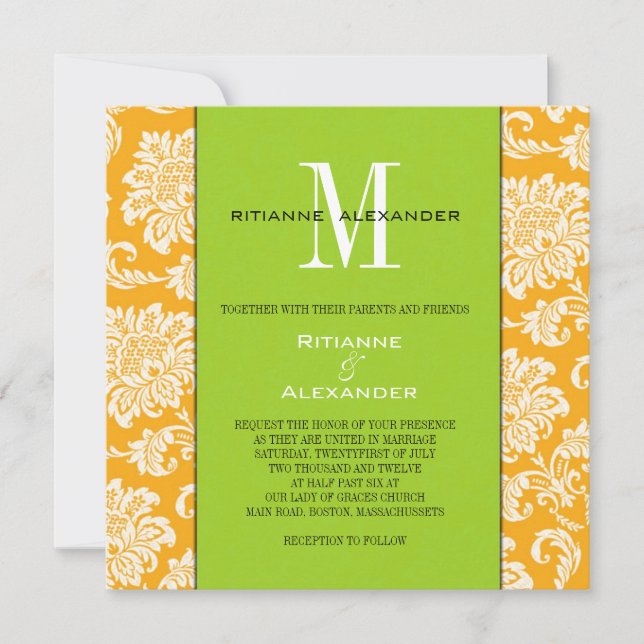 Orange Damask Green Monogram Wedding Invitation (Front)