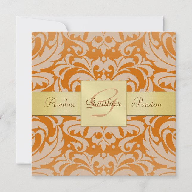 Orange Damask Monogram Gold Ribbon Invitation (Front)