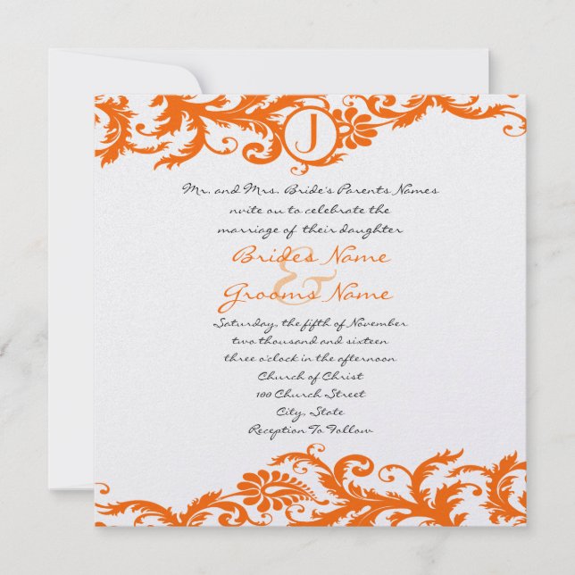 Orange Damask Monogram Wedding Invitation (Front)