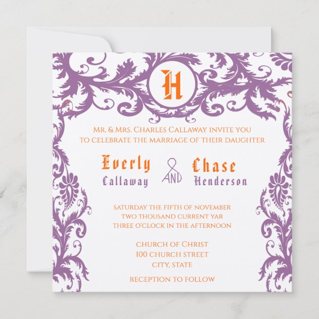 Orange Damask Monogram Wedding Invitation (Front)