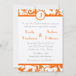 Orange Damask Monogram Wedding Invitation