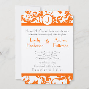 Orange Damask Monogram Wedding Invitation