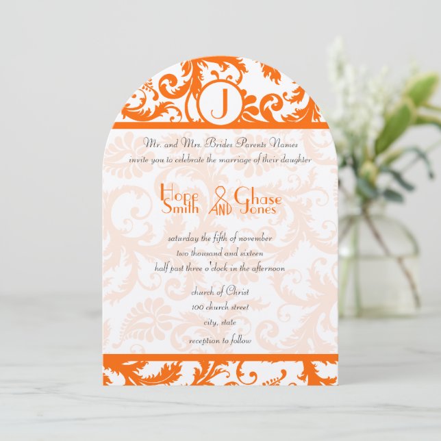 Orange Damask Monogram Wedding Invitation (Standing Front)