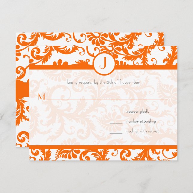 Orange Damask Monogram Wedding Invitation (Front/Back)
