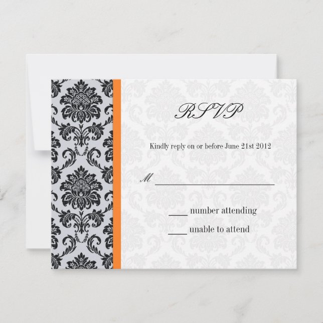 Orange Damask Monogram Wedding RSVP Card (Front)