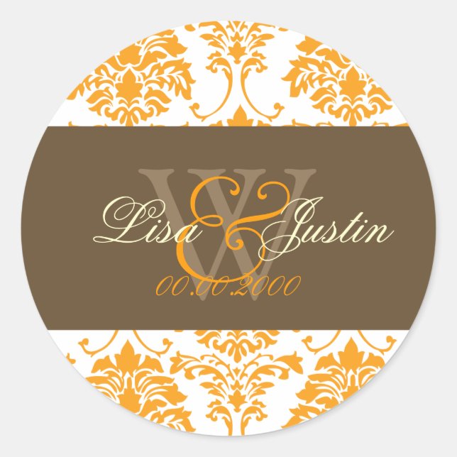 Orange Damask monogram wedding stickers (Front)