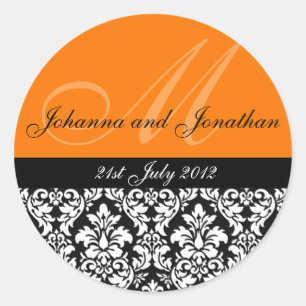Orange Damask Monogram Wedding Stickers