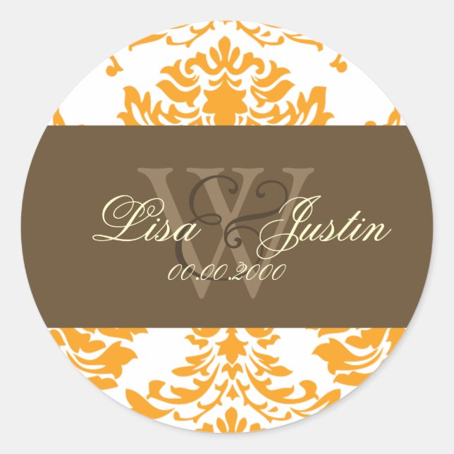 Orange Damask monogram wedding stickers (Front)