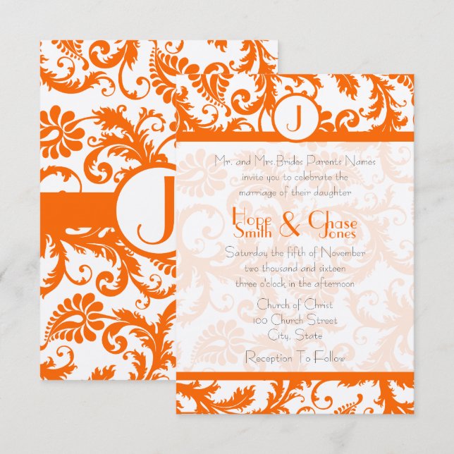 Orange Damask Monogram WeddingRSVP Invitation (Front/Back)