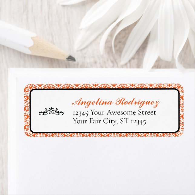 Orange Damask Pattern Graduation Return Address Label (Insitu)