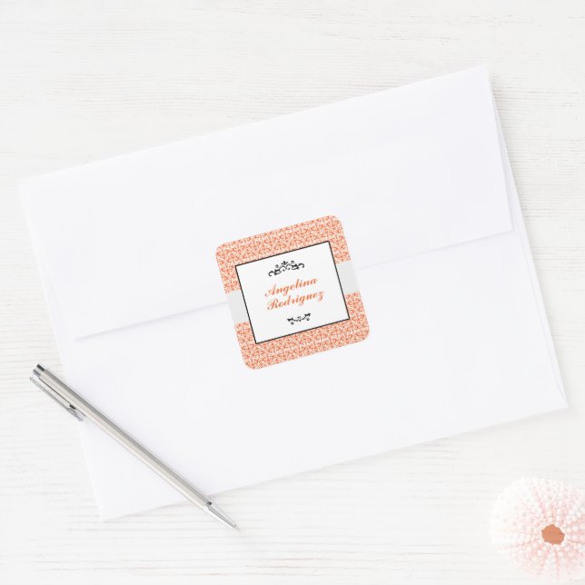 Orange Damask Pattern Graduation Square Sticker (Envelope)