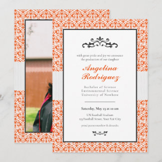 Orange Damask Pattern Photo Graduation Invitation