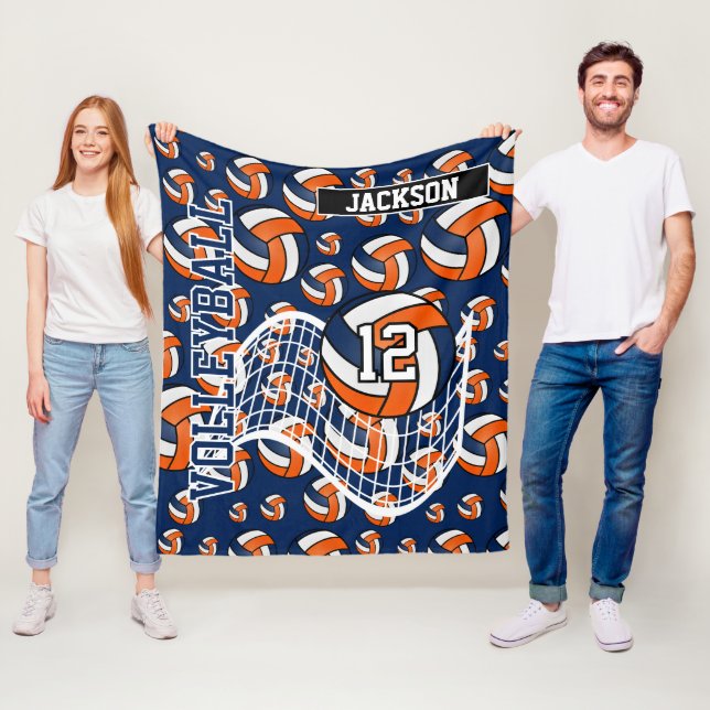 Orange, Dark Blue and White Volleyball Pattern Fleece Blanket (In Situ)