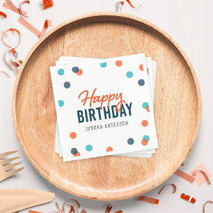 Orange Dark Blue Confetti Happy Birthday Napkin