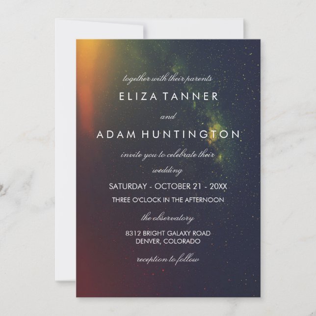 Orange & Dark Blue Galaxy Photo Wedding Invitation (Front)
