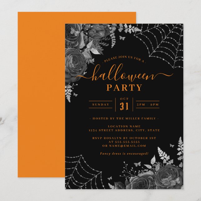 Orange Dark Spooky Floral Cobwebs Halloween Party  Invitation (Front/Back)