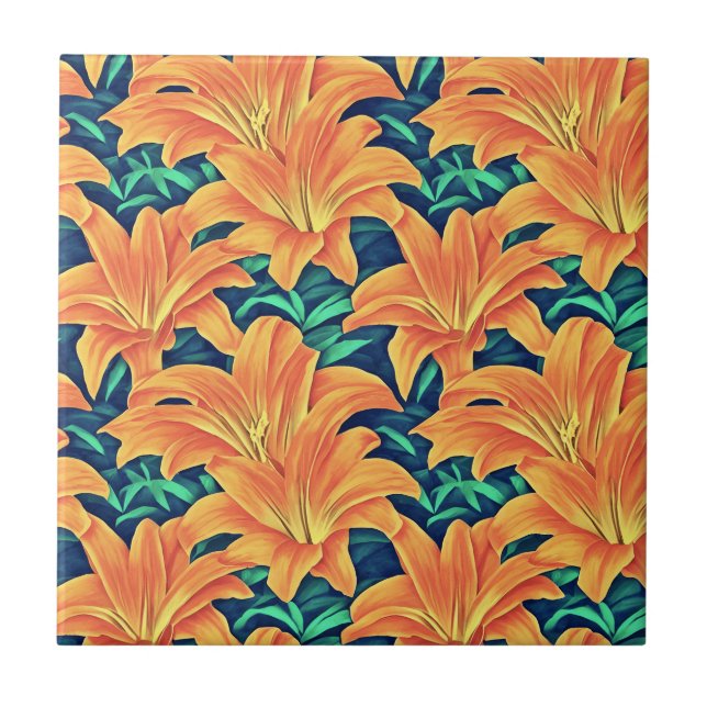 Orange Day Lilies with Green Leaves    Ceramic Tile (Front)