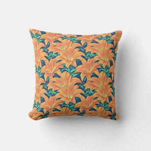 Orange Day Lilies with Green Leaves  Cushion
