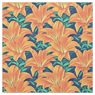 Orange Day Lilies with Green Leaves Fabric