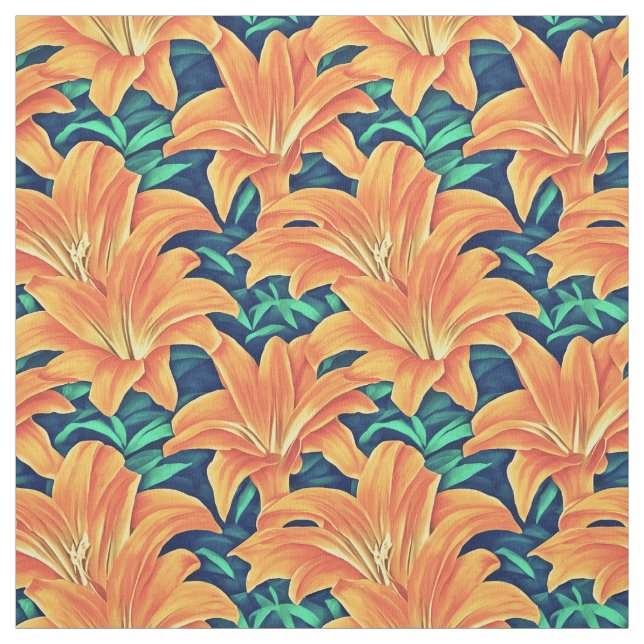 Orange Day Lilies with Green Leaves Fabric (Swatch)