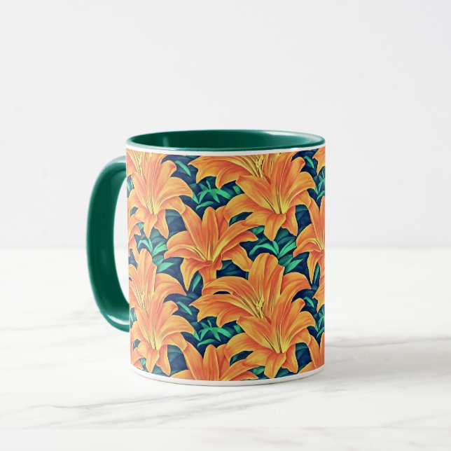 Orange Day Lilies with Green Leaves Mug (Front Left)