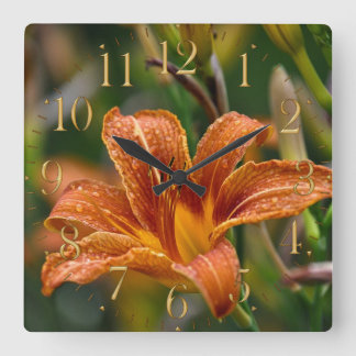 Orange Daylily & Raindrops Flower Photo Square Wall Clock