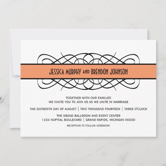 Orange Deco Flourish Wedding Invite (Front)