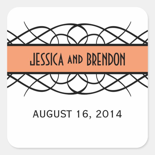 Orange Deco Flourish Wedding Stickers (Front)