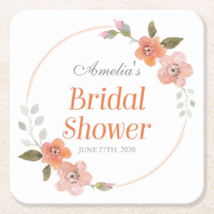 Orange Delicate Watercolor Floral Bridal Shower Square Paper Coaster