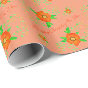 Orange Designer Floral Birthday Gift Wrap