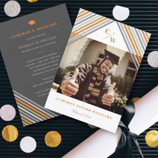 Orange Diagonal Stripes Modern Graduation Party Invitation