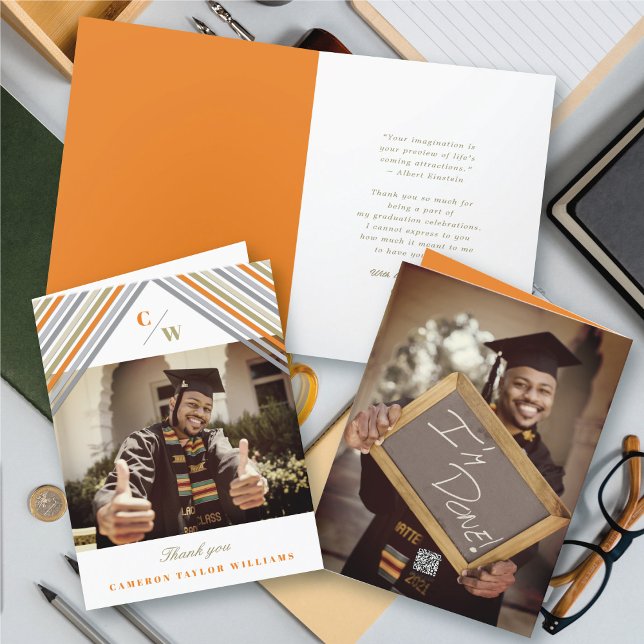 Orange Diagonal Stripes Photo Modern Graduation Thank You Card (Orange Diagonal Stripes Monogram, Photo Modern Graduation Thank You Card @ zazzle.com/color_therapy)