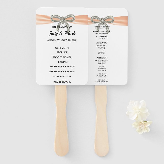 Orange Diamond Bow Wedding Program Hand Fan (Front and Back)