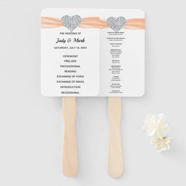 Orange Diamond Heart Wedding Program Hand Fan (Front and Back)