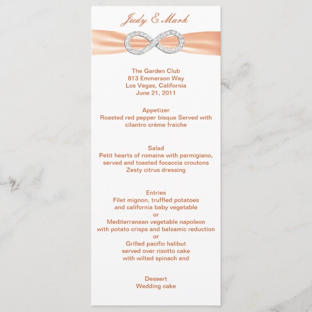 Orange Diamond Infinity Wedding Menu Card (Front)