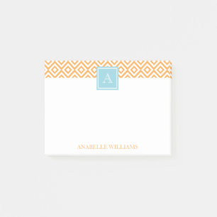 Orange Diamonds Pattern and Aqua Monogram Post-it Notes