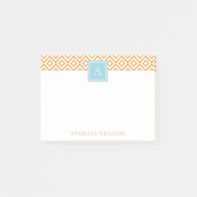 Orange Diamonds Pattern and Aqua Monogram Post-it Notes (Front)